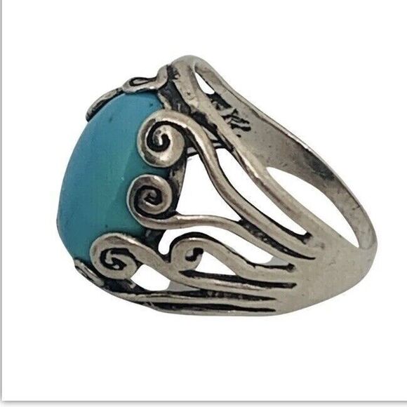 Blue Turquoise 925 Sterling Silver Ring Size 10 Firoza Israel Cabochon - Picture 13 of 16
